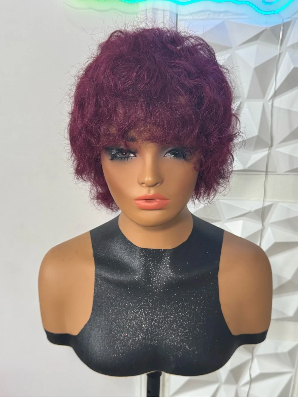 Burgundy Short Wig 100% Human Hair Glueless Water Wave 8 Inch